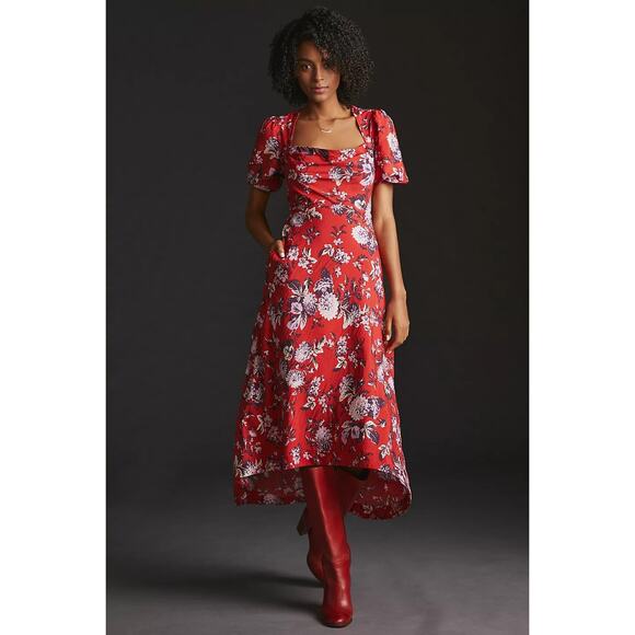 New Anthropologie Maeve Puff-Sleeve Floral Midi Dress $160 SIZE 6 Red - Picture 1 of 5